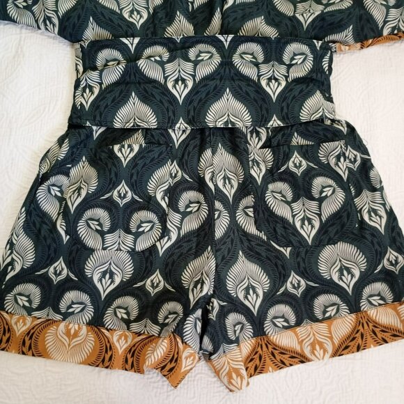 Agua Bendita Womens Boho Romper With Belt Peacock Feather Print Cotton Size M - Picture 8 of 11